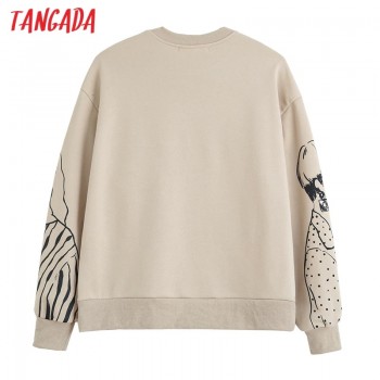 Women Charater Print Gray Sweatshirts Oversize Long Sleeve O Neck Loose Pullovers Female Tops